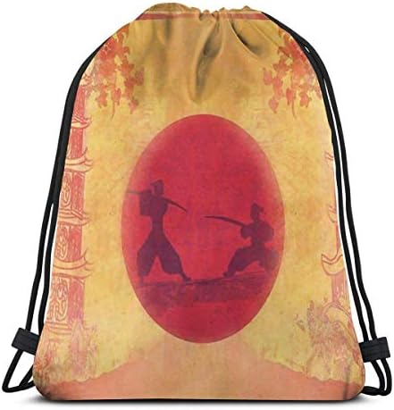 Beautiful home 1 Warrior Ninjas At Sunset Between Temples With Flowers Spiritual Theme 3D Print Drawstring Backpack Rucksack Shoulder Bags Gym Bag For Adult 16.9"X14"