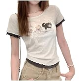 Xojbzoo Y2K Kitten Print Bow Top Fake Two-Piece Slim Fit | Summer slimming tee, college streetwear style, round neck with bow, breathable cotton spandex, cute kitten graphic