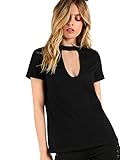 MakeMeChic Women's Choker V Neck Slub Tee Cutout Plunging T-shirt Top