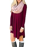 OUGES Women's Long Sleeve V Neck Tunic Loose T-Shirt Dress(Wine,XXL)