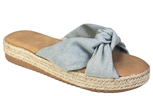BAMBOO Women's Knotted Cross Band Espadrilles Platform Slide Sandal, Light Denim Fabric, 11.0 B (M) US