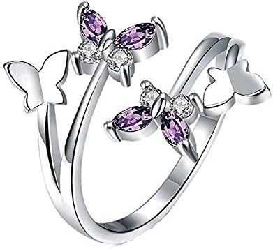 FASHAYAY Women's Adjustable Size Butterfly Shape Purple Gemstone Finger Open Rings with Crystal(platinum-plated)
