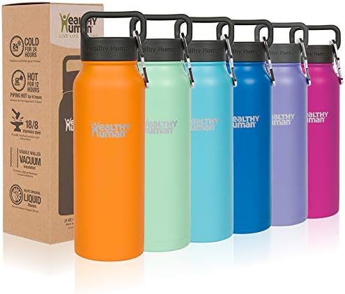 Healthy Human Water Bottles - Cold 24 Hours Hot 12 Hours. Vacuum Insulated Stainless Steel Double Walled Thermos Stein Flask with Carabiner & Hydro Guide