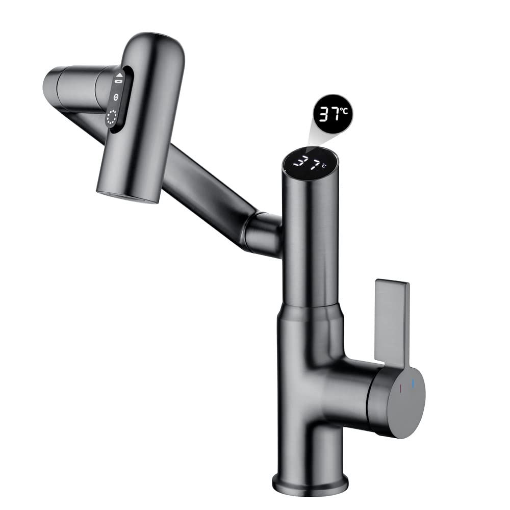 GEOATON Temperature Bathroom taps,2 Sprays,No Electrical Temperature Display Single Handle Bathroom taps,Bathroom Sink taps (Temperature Display, Gray)
