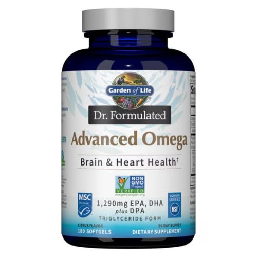 GARDEN OF LIFE DR. FORMULATED ADVANCED OMEGA FISH OIL – LEMON, 1,290MG EPA, DHA + DPA IN TRIGLYCERIDE FORM, SINGLE SOURCE OMEGA 3 SUPPLEMENT FOR ULTIMATE BRAIN & HEART HEALTH, NON-GMO, 180 SOFTGELS
