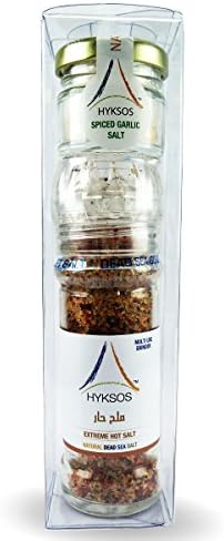 Hyksos Premium Set Flavored Dead Sea Salt – Wild Fire Salt (Extreme Hot Salt) Grinder & Spiced Garlic Salt Jar