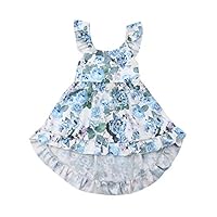 Toddler Baby Girls Summer Outfit Clothes Fly Sleeve Vintage Floral Print Ruffle Rim Skirt Sundress Boho Dress (1-2T, Blue)