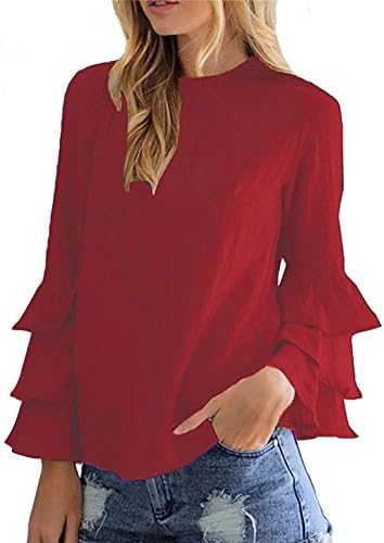 Dafina Specialties Women's Layered Pleated Flared Bell Long Sleeve Tee Shirts Blouses (X-large, Red)