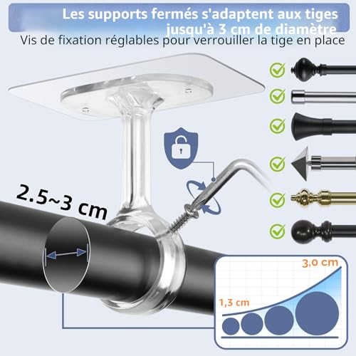 Curtain Pole Brackets No Drilling for Ceiling/Wall, Adjustable, Optimised Model for Rods from Ø25 to 32 mm, Ideal for Showers, Doors and Closets (Set of 4, Transparent)