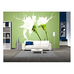 White Flowers with Milk Splash on Green Background - Removable Wall Mural | Self-Adhesive Large Wallpaper - 66x96 inches