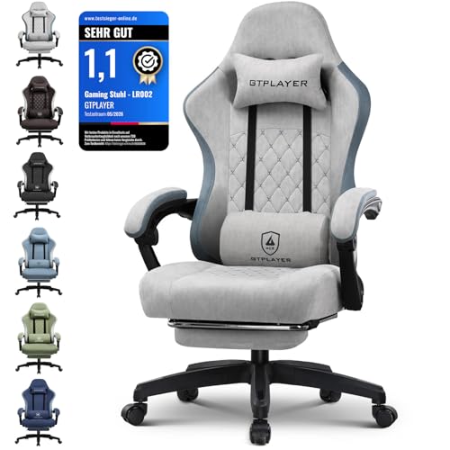 GTPLAYER Gaming Stuhl Ergonomischer Gaming Sessel Schreibtischstuhl mit Stoffoberfläche, Federsitzkissen, Verbindungsarmlehnen und Fußstütze 150KG, Gr