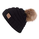 Winter Hat, NRUTUP Men Women Baggy Warm Crochet Faux Wool Knit Ski Beanie Skull Slouchy Caps Hat with Faux Fur Pompom (Black, Free Size)