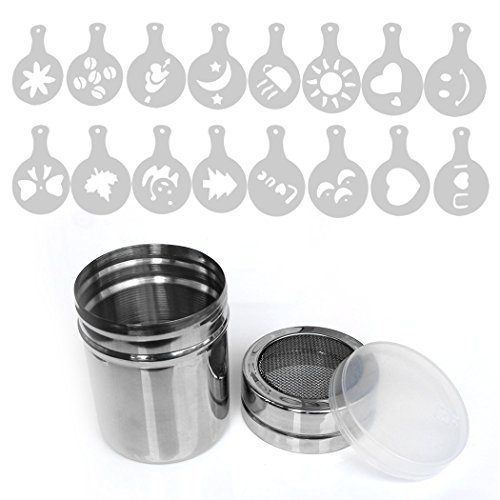 Aoyoho 3Pcs Stainless Steel powder shaker Icing Sugar Powder Cocoa Flour Coffee Sifter Cooking Tools Lid Chocolate Shaker Cocoa with 16 Different style Coffee Art Stencils