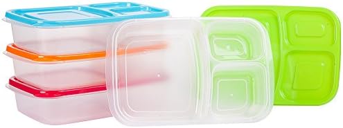 Nicecho 3-Compartments Reusable Bento Lunch Box Containers, Food Storage Containers For Kids And Adults, Microwave, Dishwasher Safe, Multi-Colored Lids (Not Leakproof), Set of 4