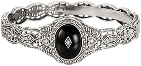 Art Deco Style Sterling Silver Black Onyx and Diamond Filigree Bangle Bracelet