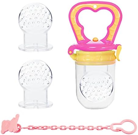 Food Feeder | Baby Fruit Feeder | Teething Toy | Silicone Teether Nibbler | No Messy Mesh Bag | 2 Extra Nipples | BPA free (L, pink)