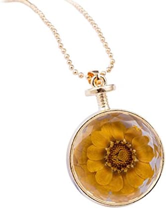 Muranba Women Round Glass Dried Flowers Pendant Alloy Necklace (Yellow)