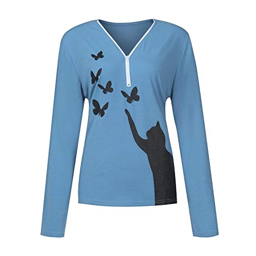 Feaslard Shirt met lange mouwen voor dames, V-hals, kat, vlinderpatroon, met ritssluiting, casual, slim bovenstuk… - Image 4