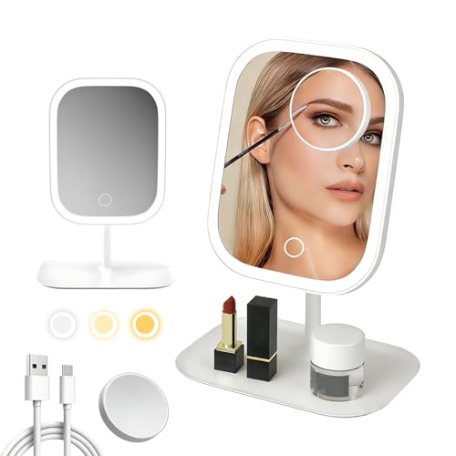 GUZHUANG Espejopara Maquillaje，con Lupa 5X ，Luces Tricolor Maquillaje con Luces，Interruptor Táctil，Portátil Espejos con Luz，Rotación de 360 Grados，con Bandeja Espejo con Aumento Y Luz (Blanco)