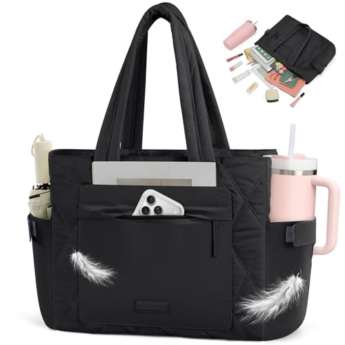 RAINSMORE Padded Tote Bag for Women, Lightweight and Spacious for College Work Travel, Puffer Large Shopper Bags with Laptop Compartments 15.6 Inch
