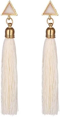 JUST N1 Long Tassel Drop/Dangle Earrings with Rhinestones and Gold Tone White