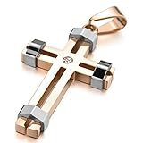 Men's Stainless Steel Pendant Necklace CZ Silver Tone Rose Gold Cross -with 23 inch Chain