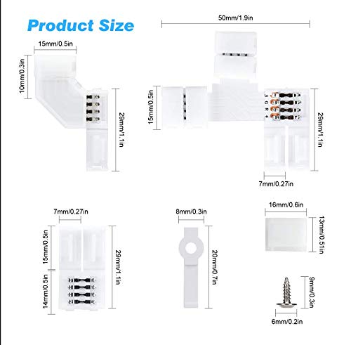 46 Pcs RGB LED Light Strip Connectors Kit, 4Pin LED Connector 10mm Gapless Solderless Adapter, L Shape Connectors,T Shape Connectors for SMD 5050 LED Strip with 10 Led Strip Clips, Pry Open Tool