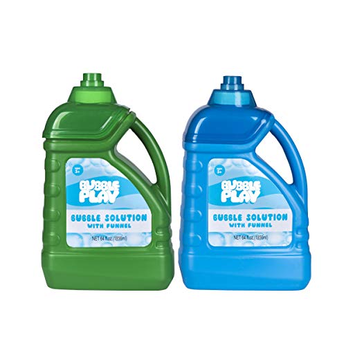 BubblePlay 64 OZ Bubble Solution Refill Bottle with Easy Pour Plastic Funnel, Top-Works with Bubble Wands and Machines for Birthdays or Outdoor Play for Kids of All Ages (2 Pack)