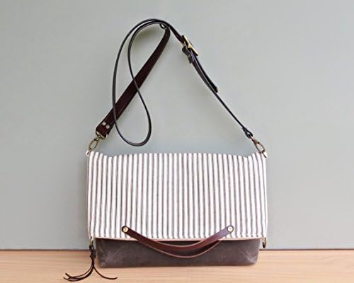 Handcrafted Convertible Cotton Ticking and Waxed Canvas Foldover Tote with Leather Strap in Potting Soil Brown