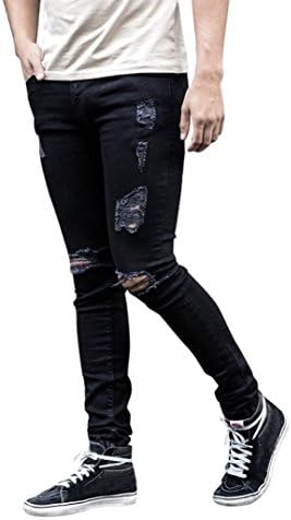 Hot Sale! ❤️ Men Jeans, Neartime Fashion Super Hole Torn Skinny Stretch Denim Pants Plus Size Feet Korean Tide Trousers Slim Fit Slacks (❤️AsianXL, Black)