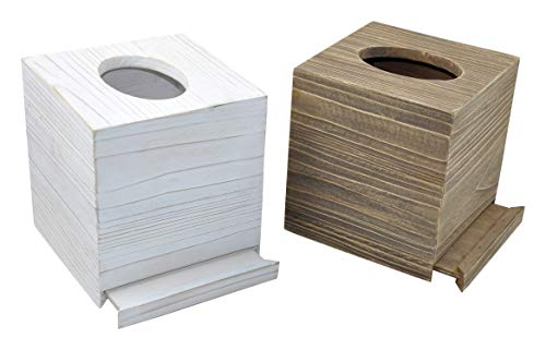 Spiretro Set of 2 Square Tissue Box Cover, Rustic Reclaimed Wood Facial Paper Holder for Bathroom, Vanity Countertops, Dressers, Night Stands, Desks, Tables - Farmhouse Classic Grey & Whitewash