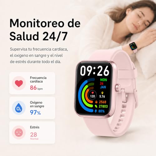 EASYTAO Reloj Inteligente, Smartwatch Mujer, Llamadas por Bluetooth, Monitorización del sueño, con el Asistente de Voz Alexa, Monitoreo de Salud Las 24 Horas, Impermeable IP68, Rosa