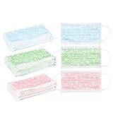 Pack of 60 Flower Pattern Disposable Face Masks - Medical Mask - Allergy Mask - Dental Mask - Flu Mask, Blue, Green, Pink