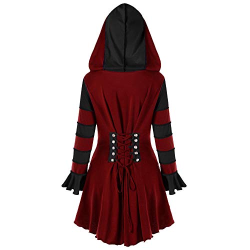 Women Tunic High Low Hooded Long Sleeve Corset Double Breasted Coat Blouse (Wine, XL/US:12.0) - Thumbnail 2