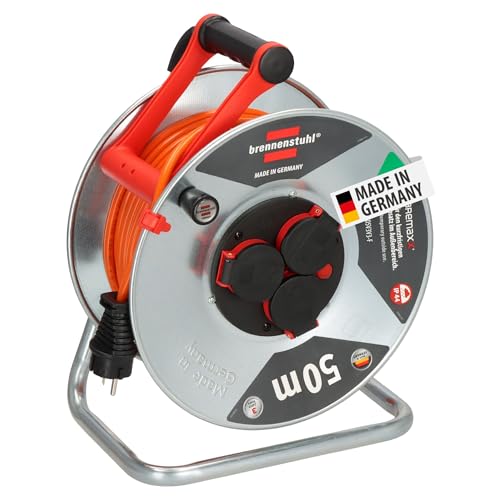Brennenstuhl Garant S V2 IP44 Kabeltrommel 50m outdoor (Made in Germany, Kabel in Signalfarbe orange, Stahlblech, kurzfristiger Einsatz im Außenbereic