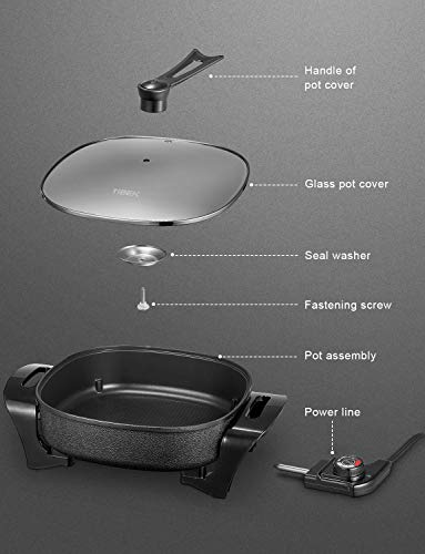 Electric Skillet Non Stick Electric Frying Pan, 12 Inch Electric Deep Skillet with Standing Glass Lid, Heat Resistant Handles and Dishwasher Safe, Tibek - Thumbnail 7