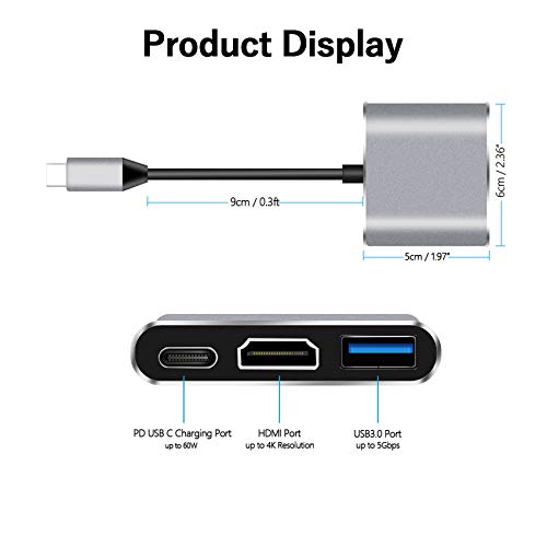 USB C to HDMI Adapter, BOLWEO 3 in 1 Type C to HDMI 4K Output, USB 3.0 Port and USBC 60W PD Fast Charging Port Compatible with MacBook Air iPad Surface Pro Laptop, Projector, TV Monitor
