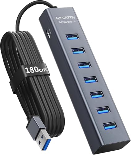 7 Ports USB 3.0 Hub with 180cm Cable for PC Computer, Aluminum USB Hub Multiport Adapter with USB 3.0 5Gbps, 5V 3A USB-C Powered for PC, Laptop, MacBook, Mouse, U-Disk, Keyboard