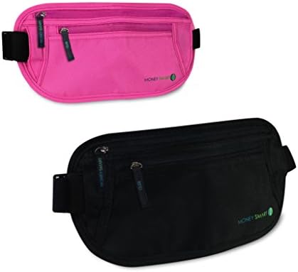 (Pack of 2) RFID Money Belts for Men and Women, Adjustable Water Resistant Travel Wallet and Passport Holder in Pink and Black