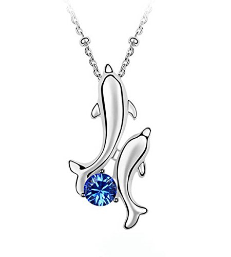 Rigant Gold Plated Happy Play Dolphins with Round Cubic Zirconia Crystal Necklace Fashion Jewelry for Women (Blue)