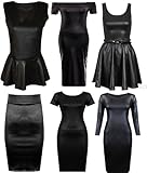 New Plus Size Black Shiny Wet Look Peplum Skater Midi Dresses 8-22