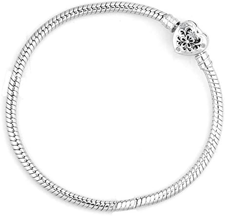 Uniqueen Snake Chain Flower with Cyrstal Heart Clasp Bracelet for European Charms