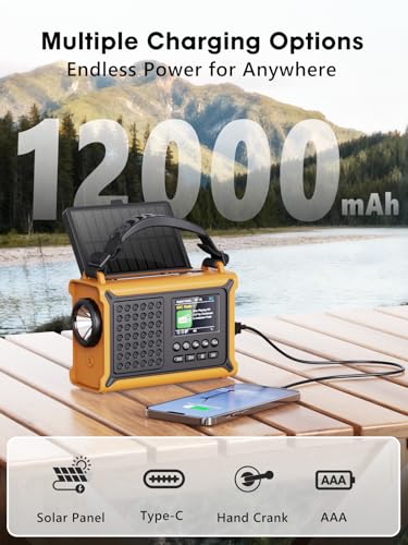 ROCAM DAB+/FM Radio with Bluetooth, 12000 mAh Crank Radio with 8500 mm² Solar Panel & 650 mA Crank, Portable Solar Digital Radio with 2.4 Inch Colour Display, 80 Transmitters, SOS, LED Torch, USB, IPX6 for Outdoor Use