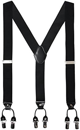 Jungle Crown Men’s Y Back 1.5” Wide Solid Straight Clip Suspenders &amp; Adjustable Braces &amp; 6 Quality Controlled Clamps (Black)