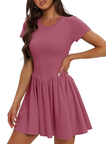 DARONG WOMEN’S CASUAL PLAIN SIMPLE T-SHIRT A LINE DRESS CREW NECK DROP WAIST MINI DRESSES 9051 RASPBERRY PINK M