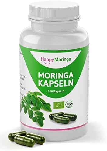 Moringa Capsules Organic from Happy Moringa – 180 Vegan Organic Moringa Capsules 450 mg Hochdosiert Capsules Moringa Oleifera in Quality Pure Organic Moringa Powder. Moringa Olifeira is completely natural and 100% Happy.