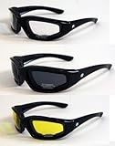 3 Pair Padded Motorcycle Riding Glasses Clear Smoked and Yellow Shatter Resistant Polycarbonate EVA Foam Padding to Protect From Sweat, Dirt, Dust Most popular and most comfortable of All Birdz Padded Glasses 3 Color Lenses For ALL Conditions, Sunglasses For You