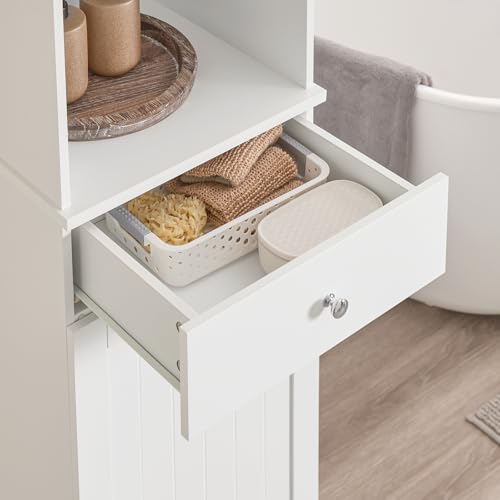 SoBuy Narrow Bathroom Storage Cabinet with Laundry Hamper, Slim Tall Freestanding Bathroom Cabinet with Drawer, Open Shelf & Adjustable Shelf, White BZR216-W