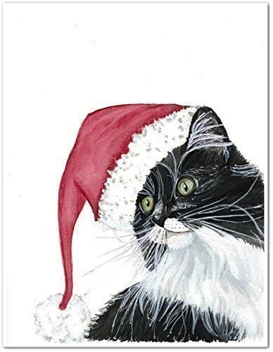 Amazon Com Christmas Tuxedo Cat Santa Watercolor Art Print Handmade