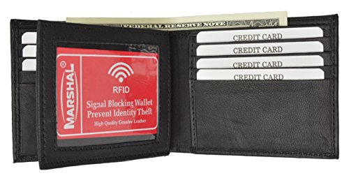 RFID Blocking Premium Soft Leather Men's Multi-Card Compact Center Flip Bifold Wallet (Black)